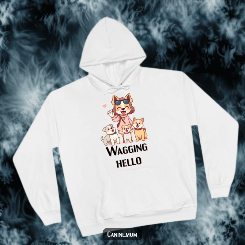 Funny dog lady hoodie featuring a woman enthusiastically waving hello to passing dogs. A warm and humorous way to express a love for dogs.