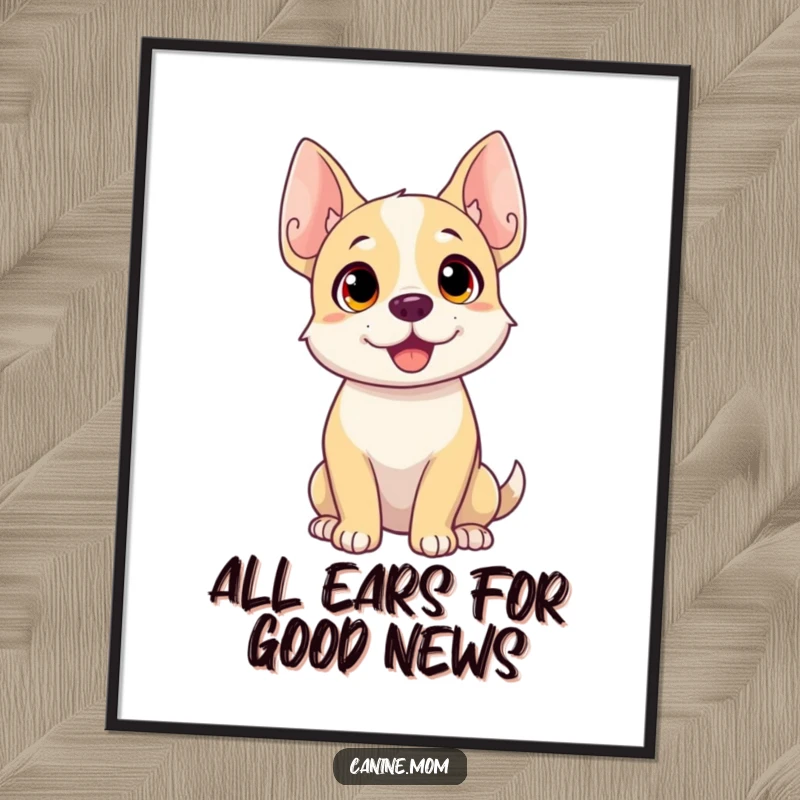 Free Printable Wall Art: Comical dog with perked ears and tilted head, appearing to be intently listening to a secret.