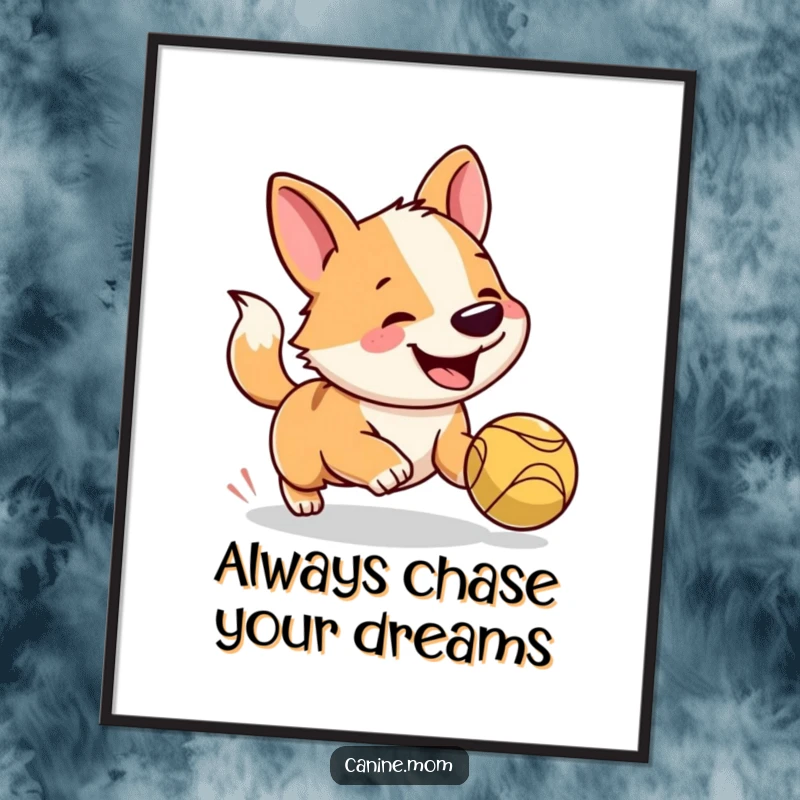 Free Printable Wall Art: A comical dog in full sprint, chasing a bright ball with unrestrained joy and wagging tail.