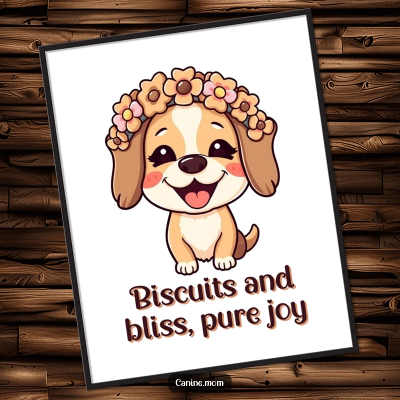 Funny free printable wall art of a joyful dog lady wearing a fabulous flower crown uniquely crafted from dog biscuits.