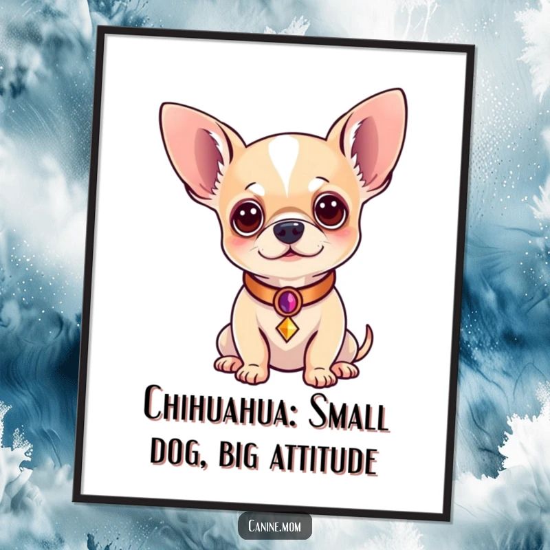 Funny Free Printable Wall Art featuring a regal chihuahua in a decorative collar, exuding sophisticated charm and playful elegance.