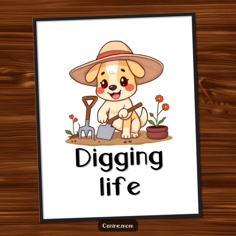 Funny Free Printable Wall Art: A happy dog wearing a large floppy hat, diligently gardening with a trowel.