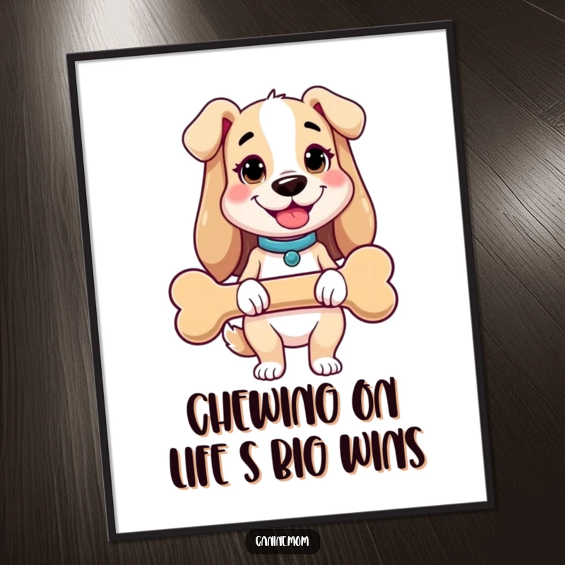 Funny free printable wall art of a cheerful dog lady holding a massive, giant dog bone with a happy expression.