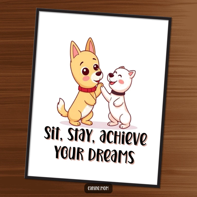 Funny Free Printable Wall Art: Kawaii dog lady enthusiastically teaching a smart dog a cool new trick, inspiring.