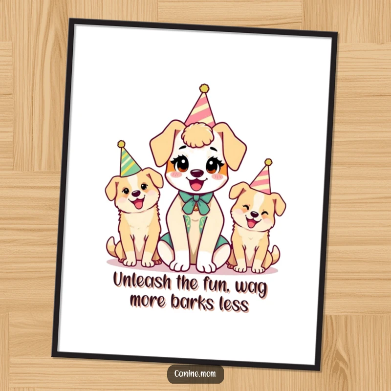 Funny Free Printable Wall Art: Kawaii dog lady surrounded by cheerful dogs sporting party hats, a festive scene.