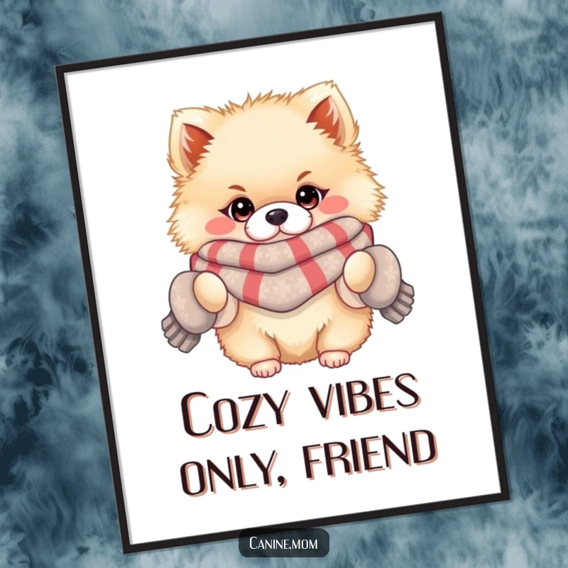 Funny Free Printable Wall Art: A fluffy Pomeranian wearing a scarf and mittens, looking adorable and cozy.
