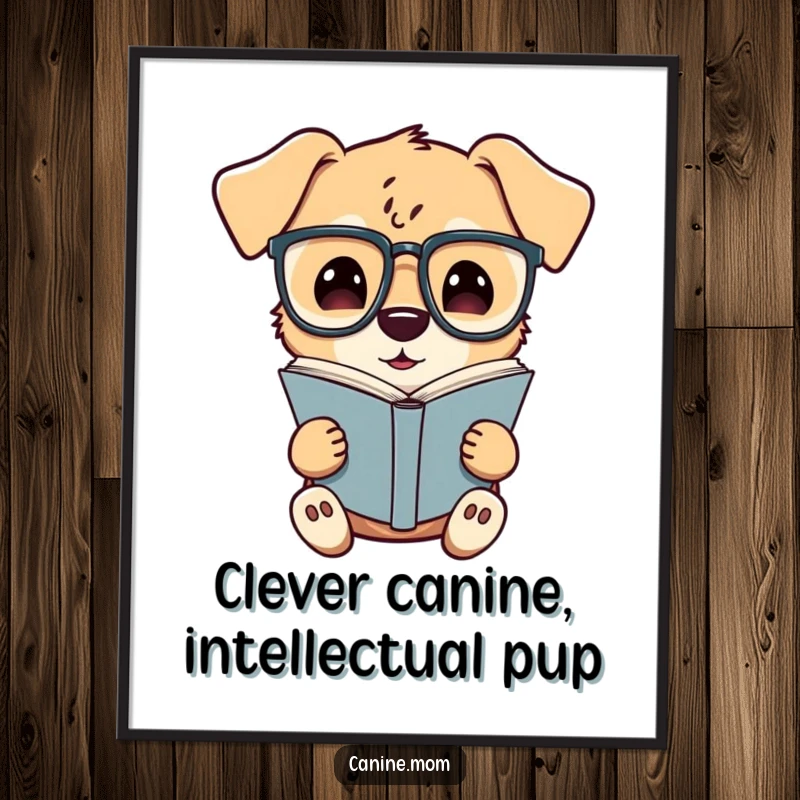 Funny Free Printable Wall Art: A curious dog engrossed in a book, wearing oversized spectacles, humorous downloadable decor.
