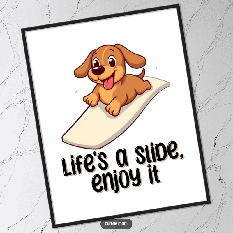 Funny Free Printable Wall Art: A happy dachshund comically zooming down a slide with pure exhilaration.