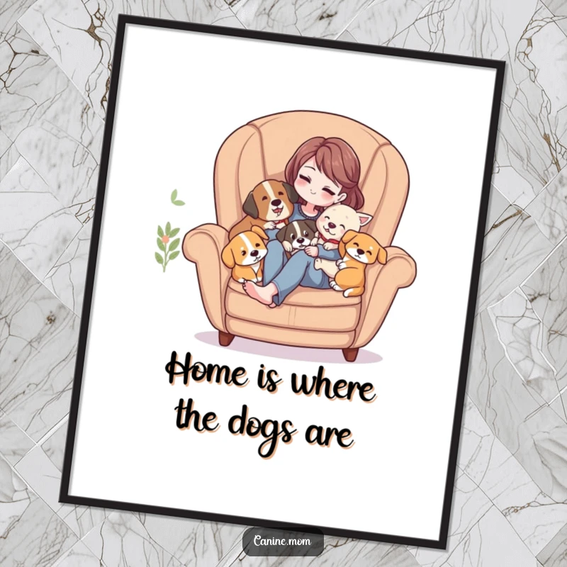 Funny Free Printable Wall Art: Woman snuggled in an armchair with several happy dogs, a cozy and humorous scene.