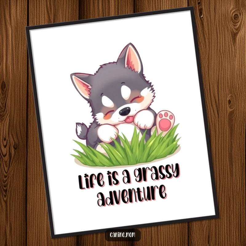 Funny free printable wall art: A fluffy husky puppy romps and rolls playfully in a patch of soft green grass.