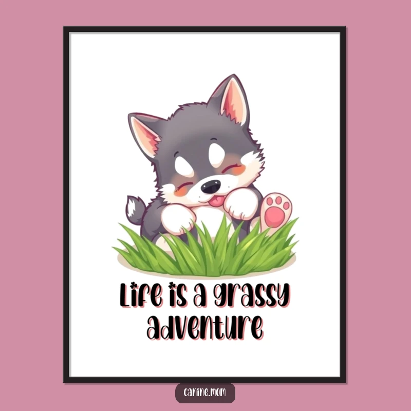 Free Printable Wall Art: Husky Puppy Rolling Grass Funny Downloadable Gift Decor