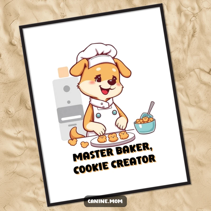 Funny Free Printable Wall Art: Dog lady chef happily making tiny dog cookies, humorous downloadable art for home decor.