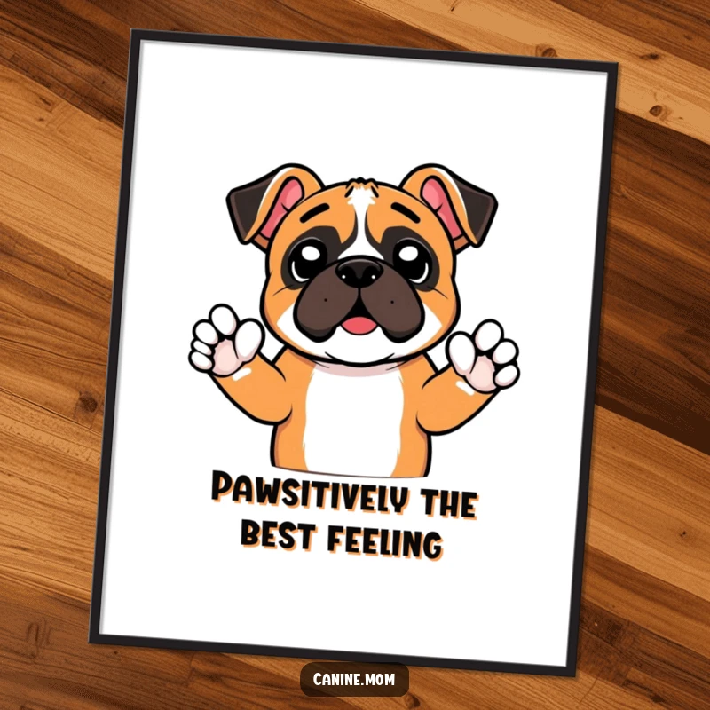 Funny Free Printable Wall Art: A boxer character cheers with tiny paws raised, an inspiring downloadable art piece.