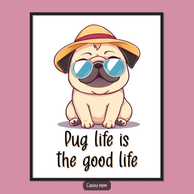 Free Printable Pug Wall Art: Funny Sun Hat Dog Downloadable Decor