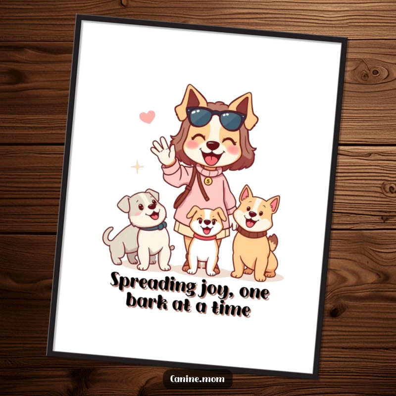 Funny free printable wall art of a dog lady enthusiastically waving hello to all the passing dogs with a big smile.