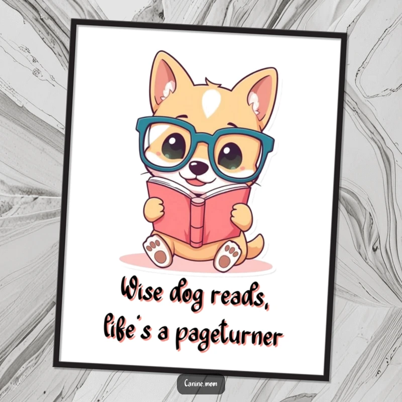 Funny Free Printable Dog Wall Art: Cute dog wearing oversized glasses is engrossed in reading a book.