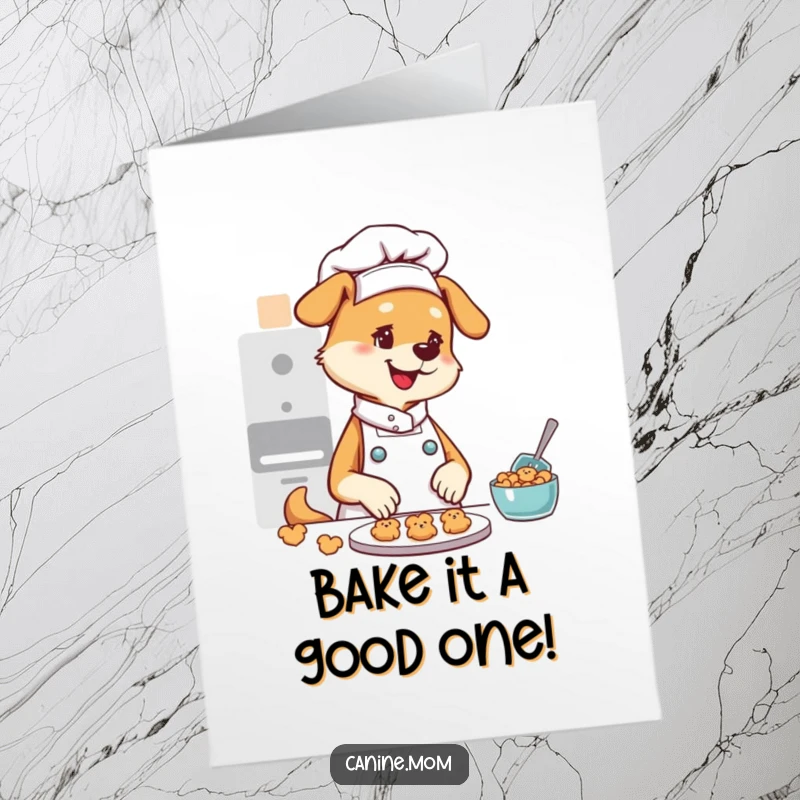 Funny Free Printable Birthday Card: Dog lady in chef hat joyfully baking miniature dog cookies, a delightful DIY gift.