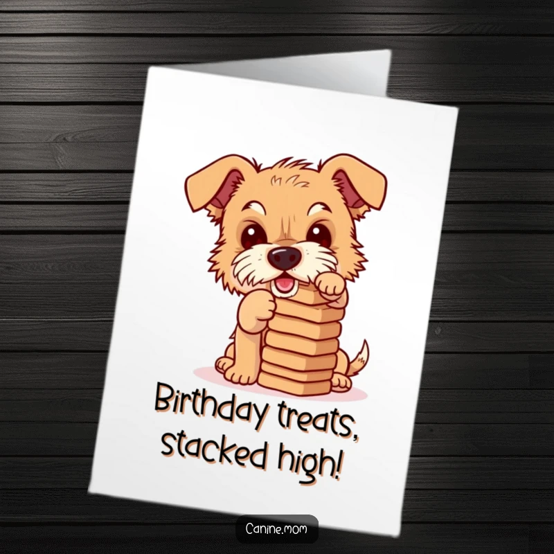 Funny Free Printable Birthday Card: A mischievous terrier concentrating hard while balancing a tall stack of dog biscuits.