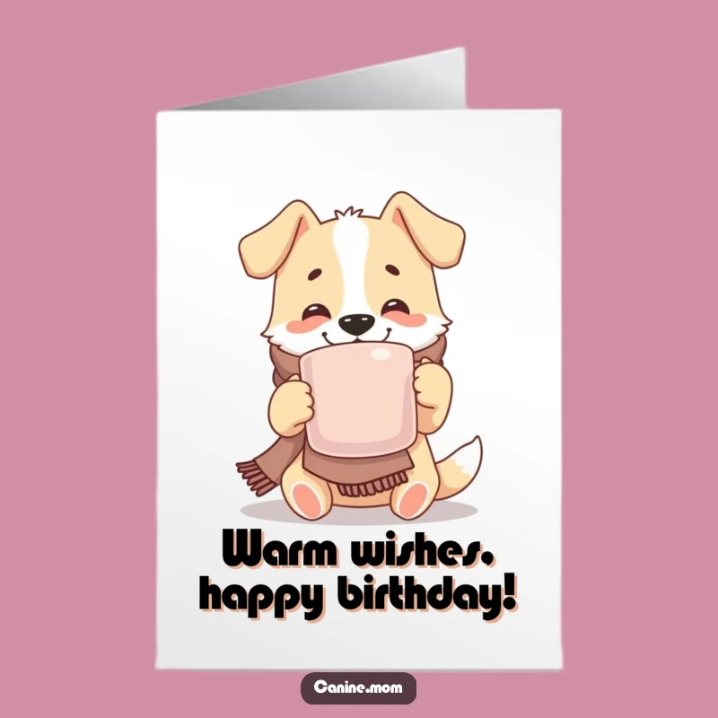 Free Printable Birthday Card: Cozy Dog Enjoying Hot Drink, Warm Downloadable Gift