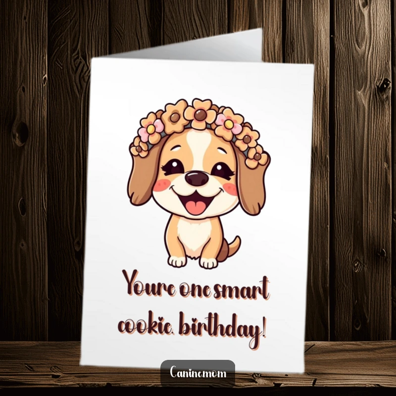 Funny free printable birthday card: a joyful dog lady wearing a unique flower crown made of delicious dog biscuits.