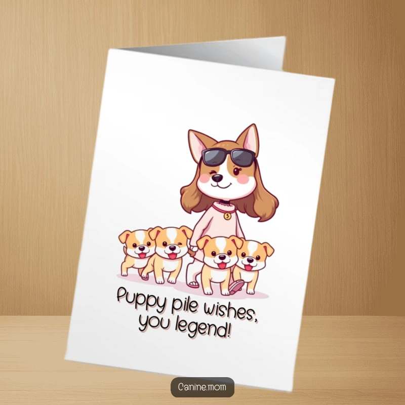 Funny free printable birthday card featuring a proud dog lady walking a pack of adorable tiny puppies, ready to celebrate.