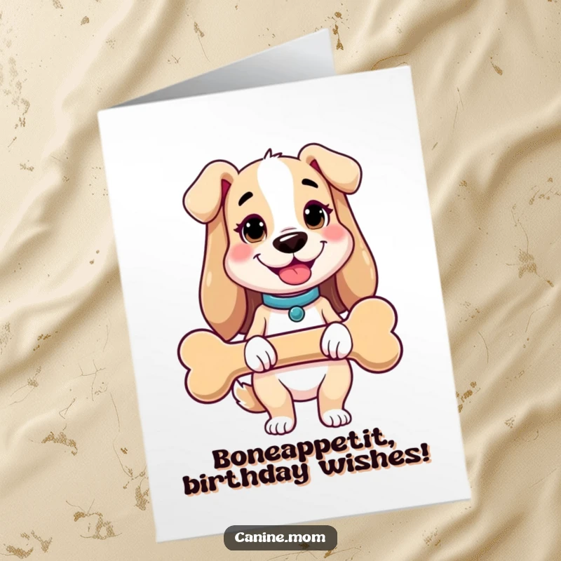 Funny free printable birthday card: a cheerful dog lady happily holding a giant, oversized dog bone.