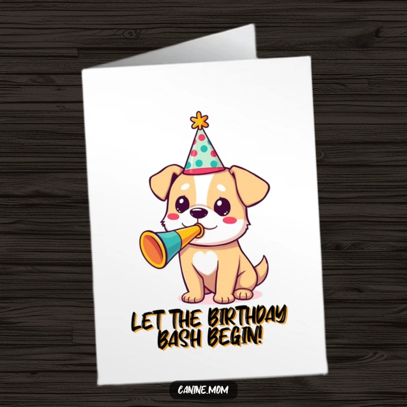 Funny Free Printable Birthday Card: Excited dog in a party hat blowing a trumpet, ready to celebrate a birthday with gusto.