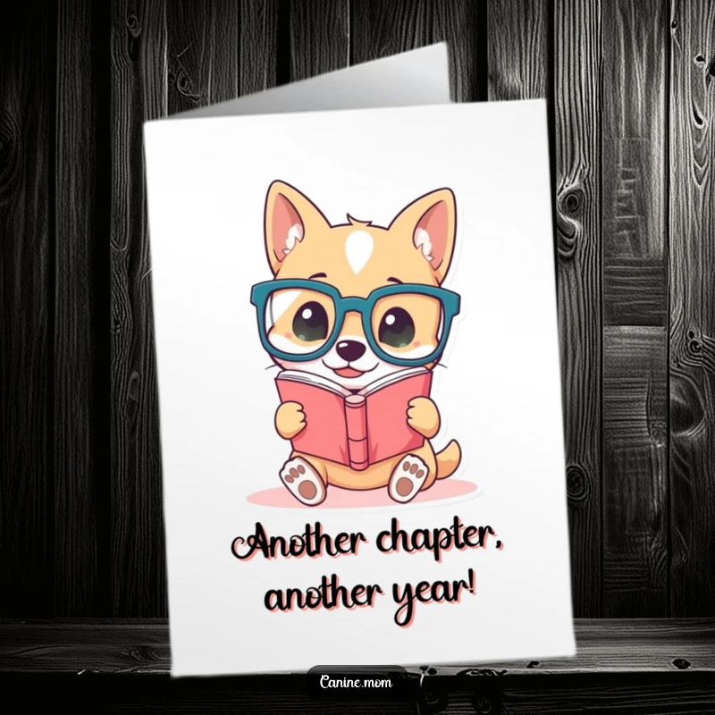 Funny Free Printable Dog Birthday Card: Cute dog in oversized glasses reads a book, looking very scholarly.