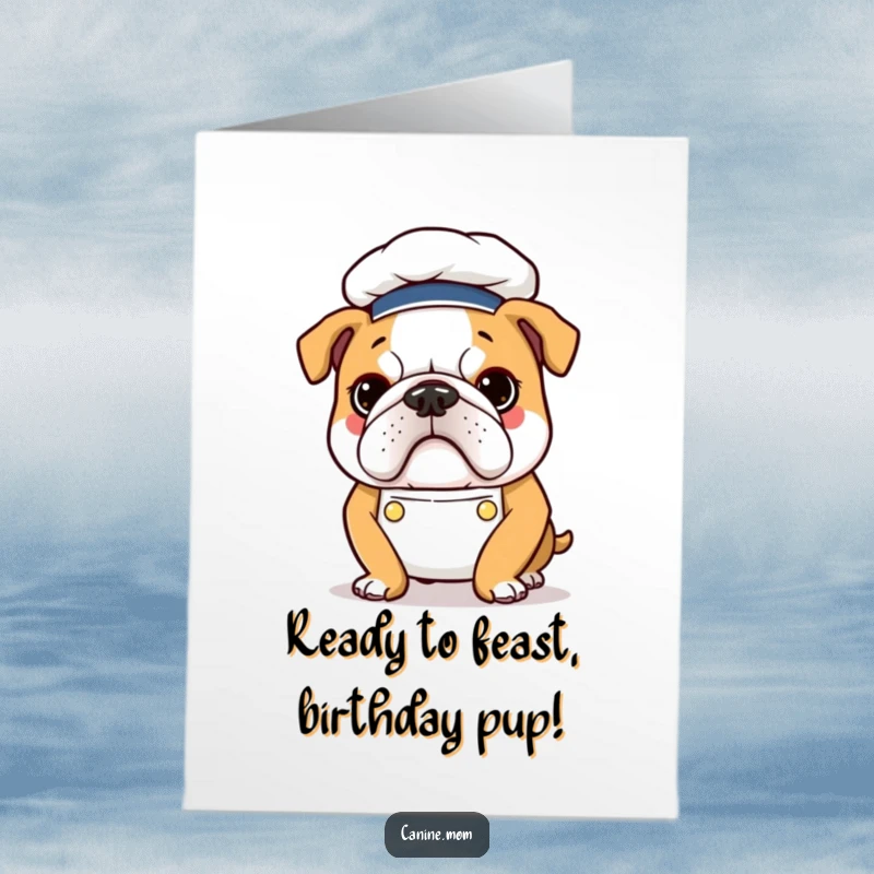 Funny Free Printable Bulldog Chef Birthday Card: Determined bulldog in chef attire ready to bake.