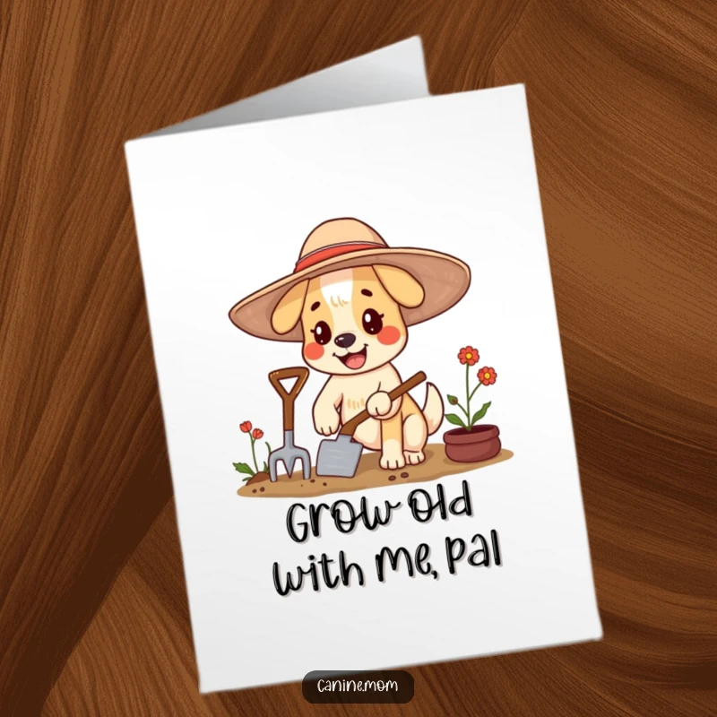 Funny Free Printable Birthday Card: Happy dog in a floppy hat gardening with a trowel, wishing a great birthday.