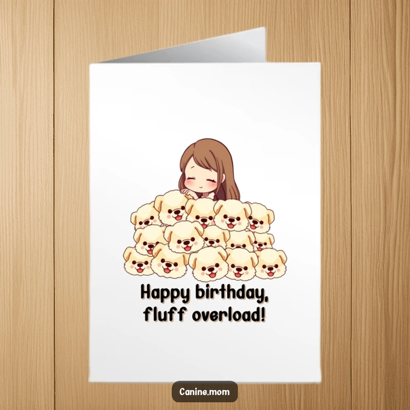 Free Printable Birthday Card: Woman petting a cascade of fluffy dog heads, ultimate dog lover celebration, DIY gift.