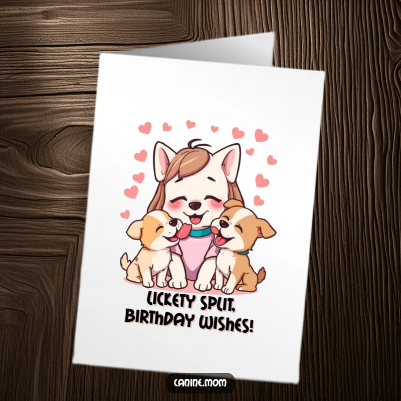 Funny Free Printable Birthday Card captures a dog lady delightedly receiving a happy flood of enthusiastic dog licks.