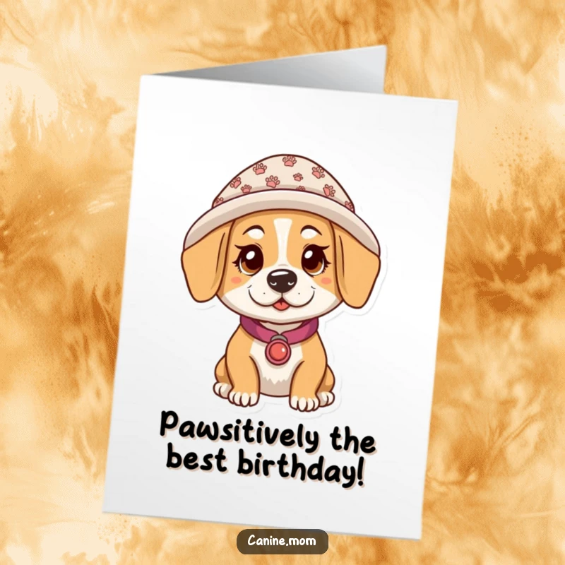 Funny Free Printable Dog Lady Birthday Card: Woman in paw print hat sending birthday cheer with a smile.