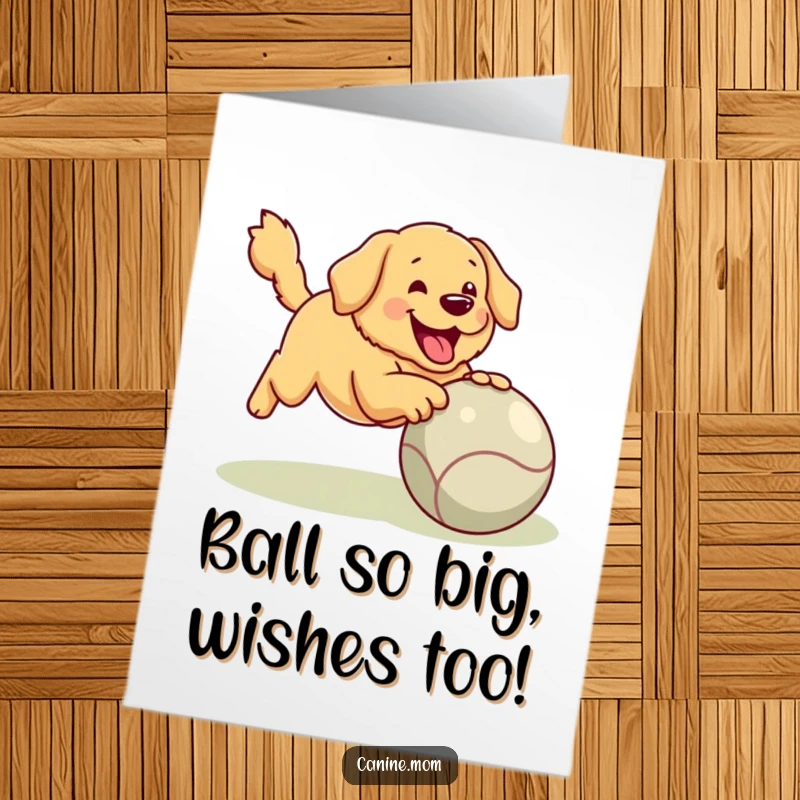 Funny Free Printable Golden Retriever Birthday Card: Dog joyfully chases a giant ball, ready for fun.