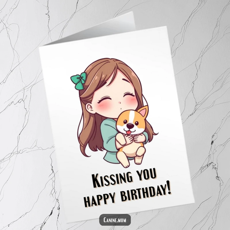 Free Printable Birthday Card: Woman holding a dog and blowing a kiss, sending love, DIY gift.