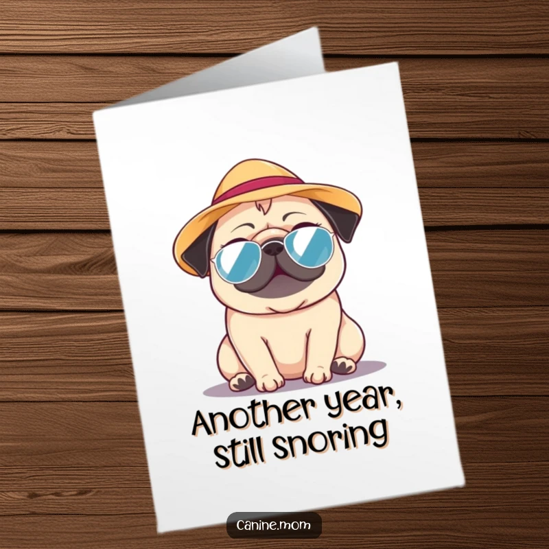Funny Free Printable Birthday Card featuring a pug in a tiny sun hat, radiating pure joy on a warm, sunny day.