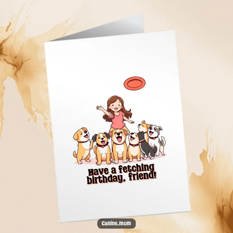 Funny Free Printable Birthday Card: Woman throwing frisbee for ecstatic dogs, capturing pure, joyful energy.