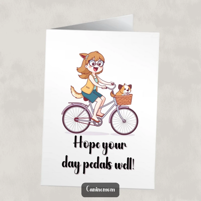 Funny Free Printable Birthday Card: Dog lady cycling joyfully with dogs in basket, a whimsical DIY birthday greeting.
