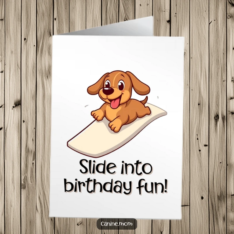 Funny Free Printable Birthday Card: Happy Dachshund belly-sliding down a colorful park slide with pure joy.