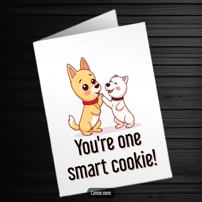 Funny Free Printable Birthday Card: Kawaii dog lady patiently teaching a happy dog a new trick, celebrating progress.