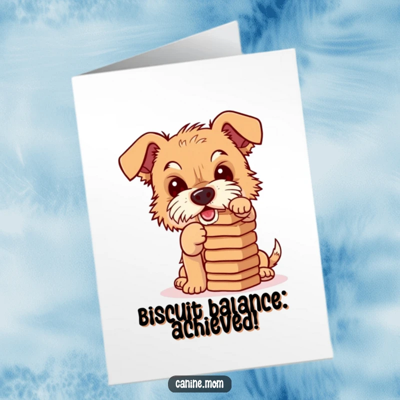 Funny Free Printable Congratulations Card: A mischievous terrier focused on balancing a precarious stack of dog biscuits.