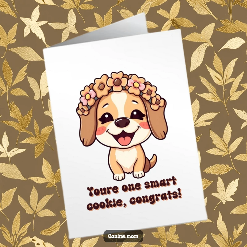 Funny free printable congratulations card: a joyful dog lady proudly wears a flower crown made of tasty dog biscuits.