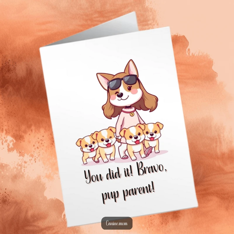 Funny free printable congratulations card showing a proud dog lady with her tiny puppy pack, celebrating success with wagging tails.