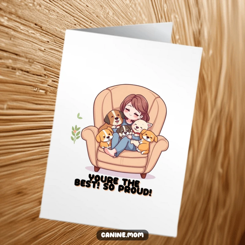 Funny Free Printable Congrats Card: Woman in armchair, dogs cuddling, conveying peaceful congratulatory vibes.