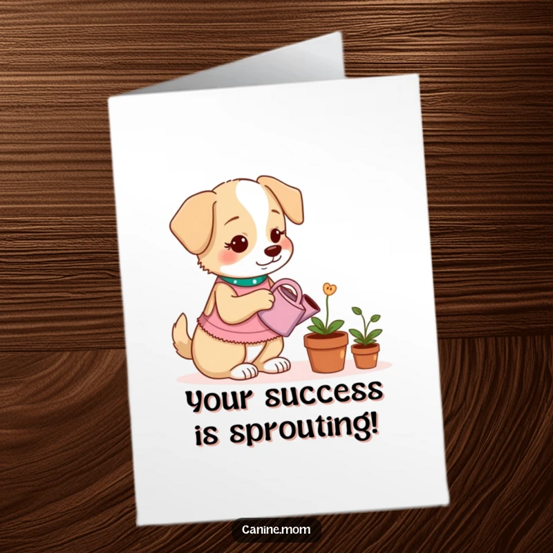 Funny Free Printable Congratulations Card shows a dog lady tending a plant that grows dog treats, using a miniature watering can.