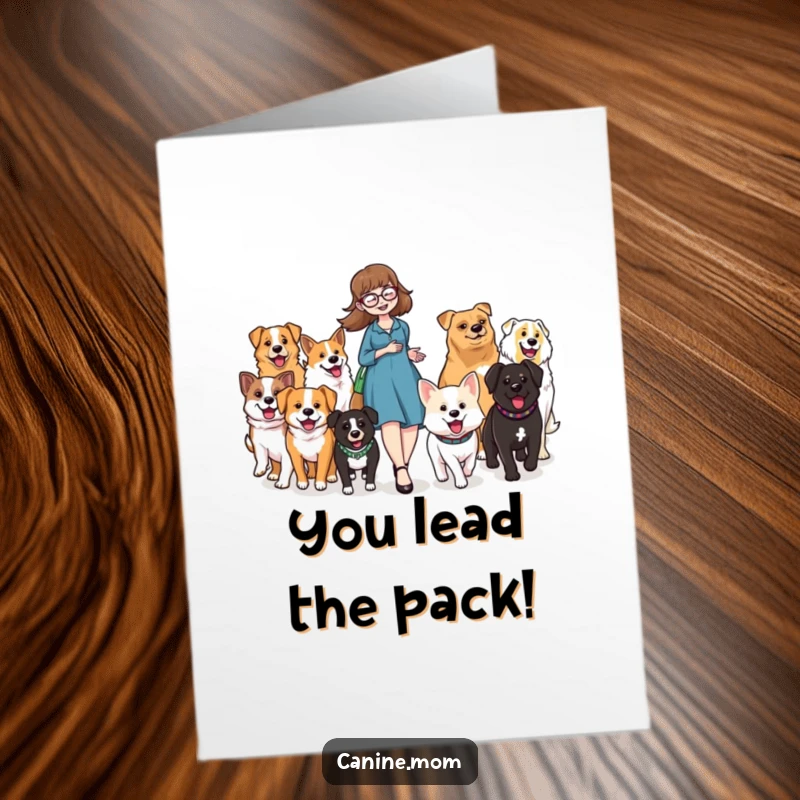 Funny Free Printable Congratulations Card: Dog lady happily walking a parade of diverse dogs, a cheerful DIY gift.