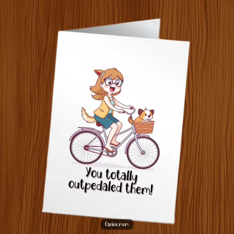 Funny Free Printable Congratulations Card: Dog lady happily rides bike with dogs in basket, a cheerful DIY gift.