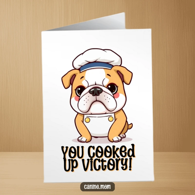 Funny Free Printable Bulldog Chef Congratulations Card: Bulldog wearing chef hat and apron, celebrating success.