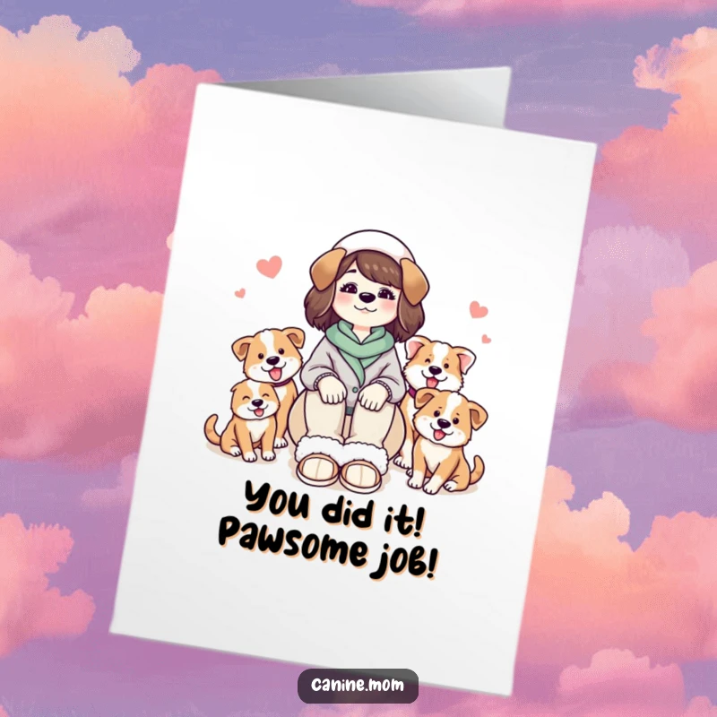 Free Printable Congratulations Card: A joyful dog lady surrounded by her beloved, happy canine companions.