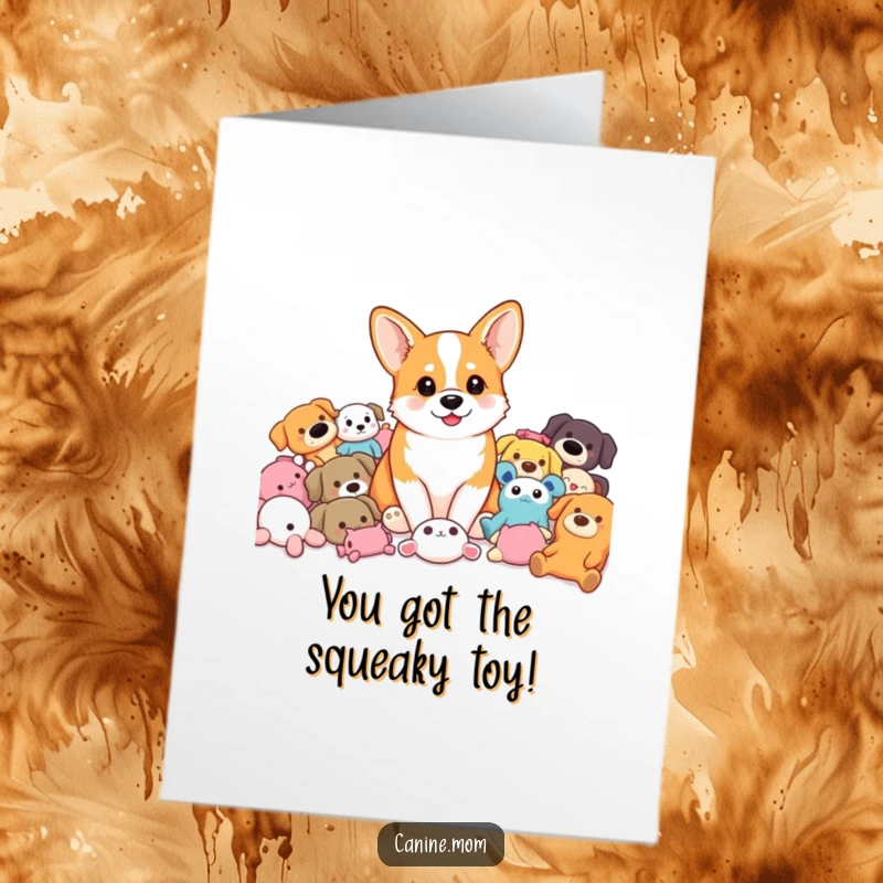 Funny Free Printable Congratulations Card showing a happy corgi nestled in a mountain of colorful dog toys, celebrating wins.